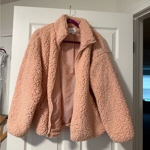 Nine West Soft Blush Pink Lined Teddy Jacket. Size L. Fuzzy. Faux Fur.